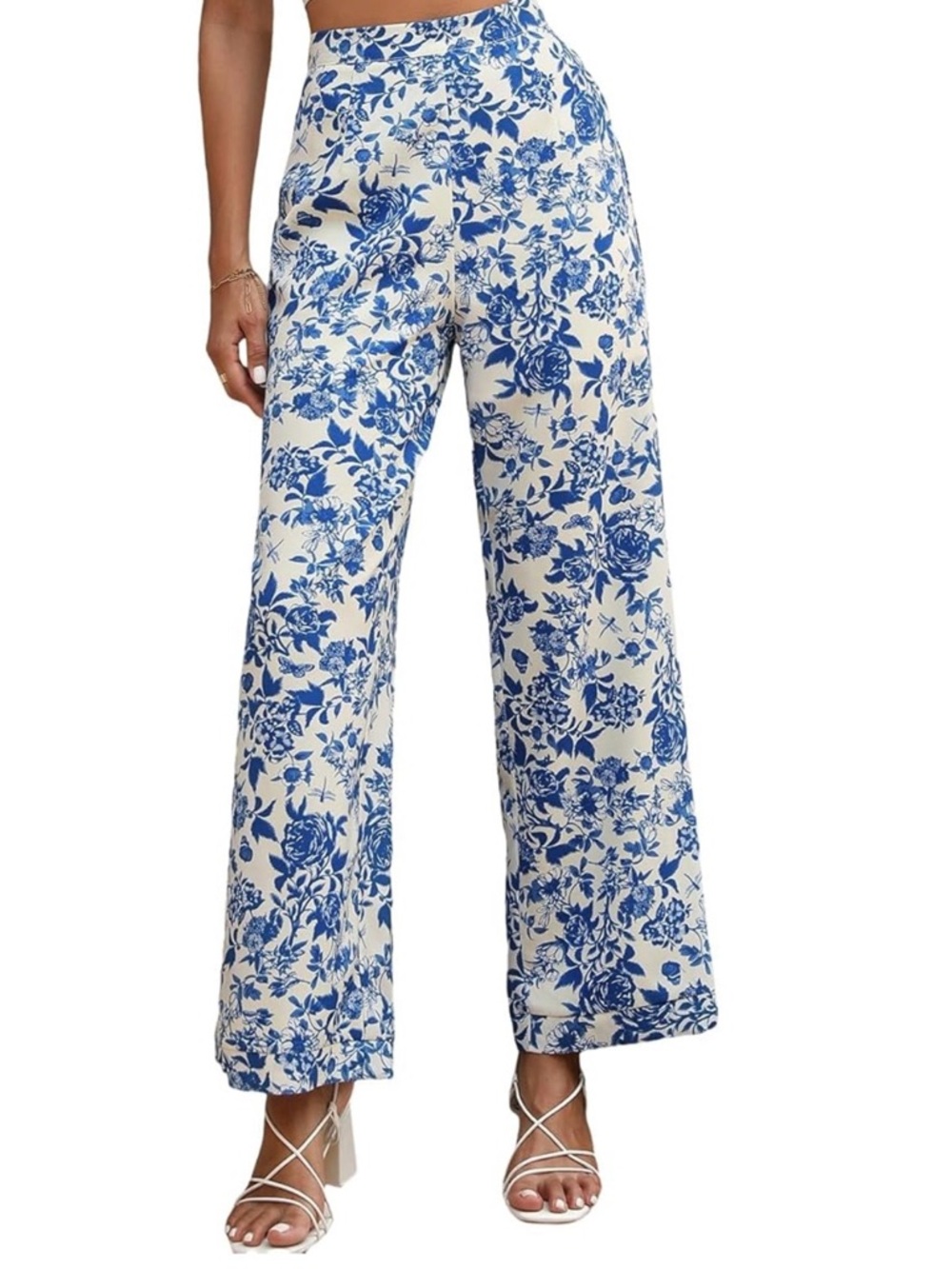 High-Waist Blue Floral Wide-Leg Pants